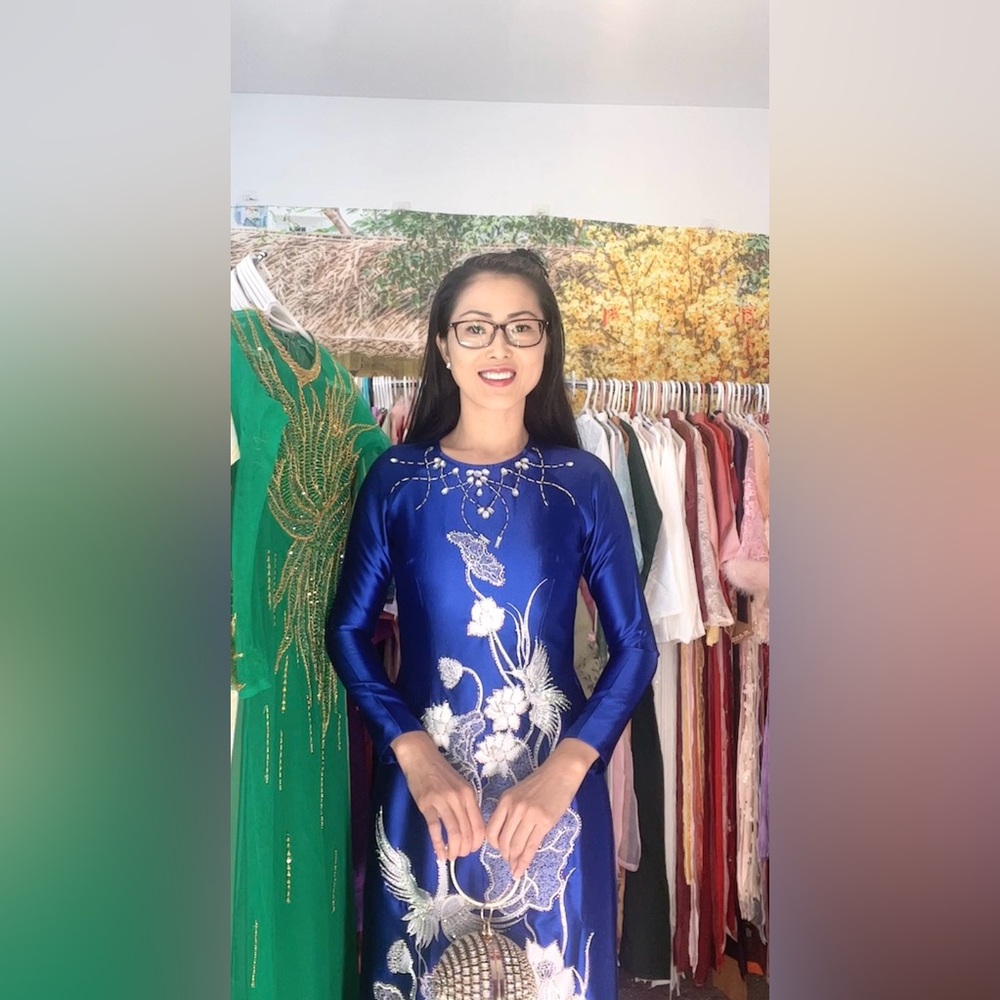 Ao dai Valentino, Vietnamese women’s traditional long dress set blue m 2 theu 🎁